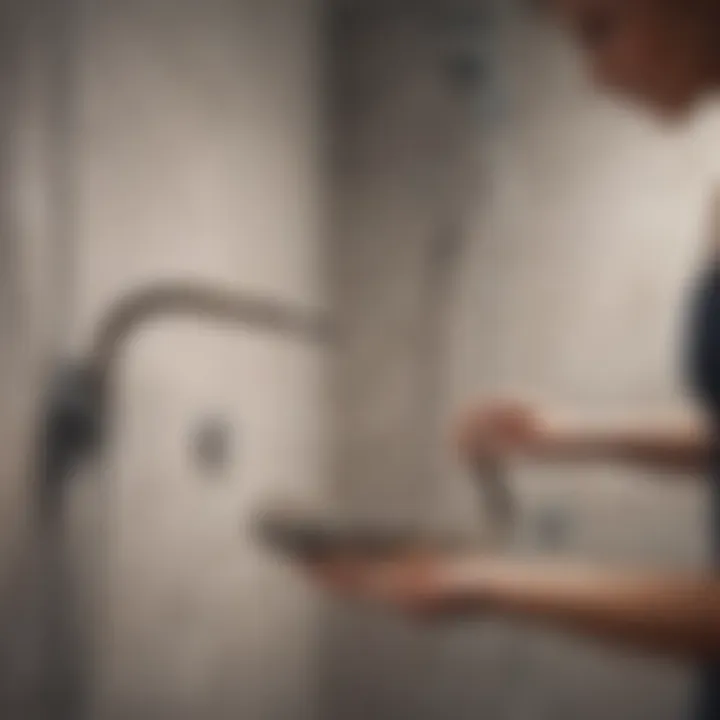 A person demonstrating the use of a drain snake in a shower