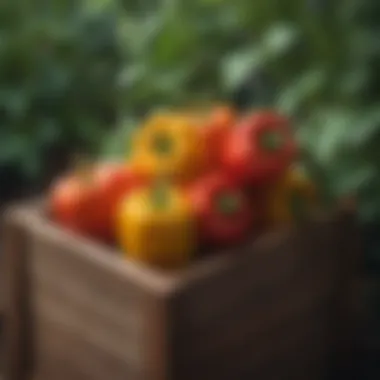 Colorful bell peppers flourishing in a neatly arranged planter.