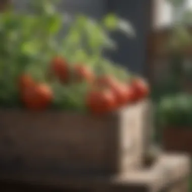 Vibrant tomatoes growing in a compact urban garden setting.