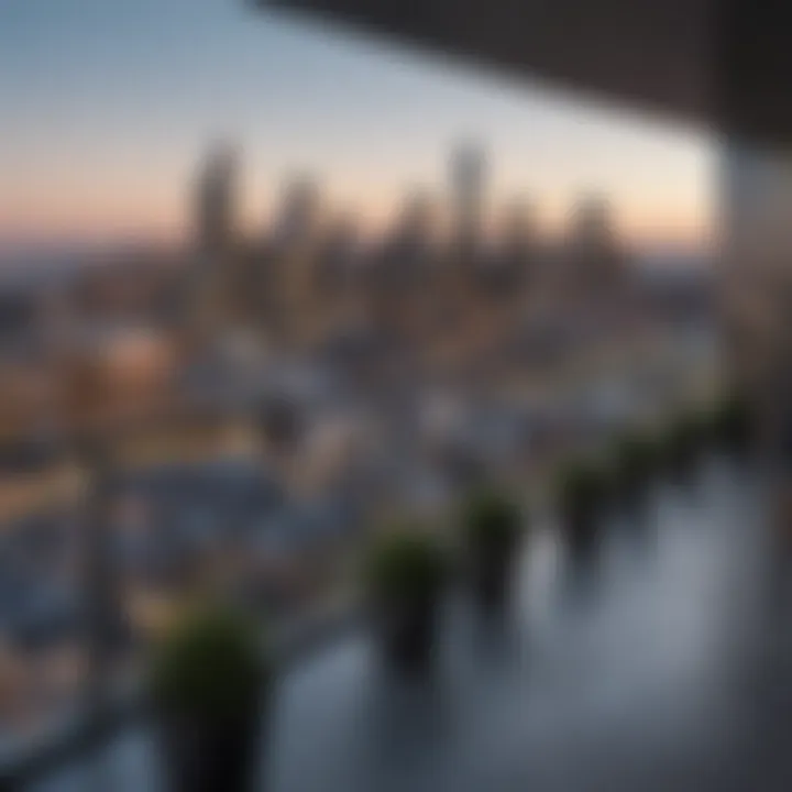 Scenic view from a Brookfield Place Apartment balcony overlooking the city skyline