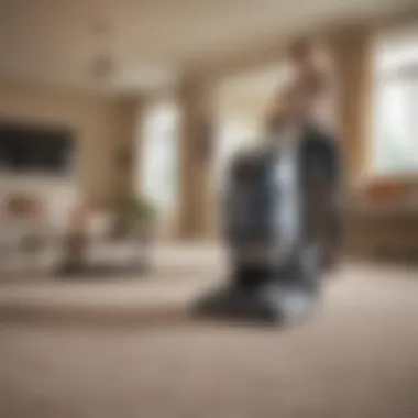 A person operating a carpet cleaning machine in a spacious room