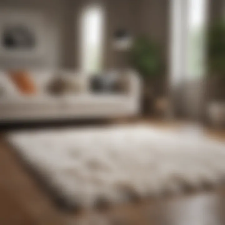 A pristine shaggy white rug in a stylish living room setting