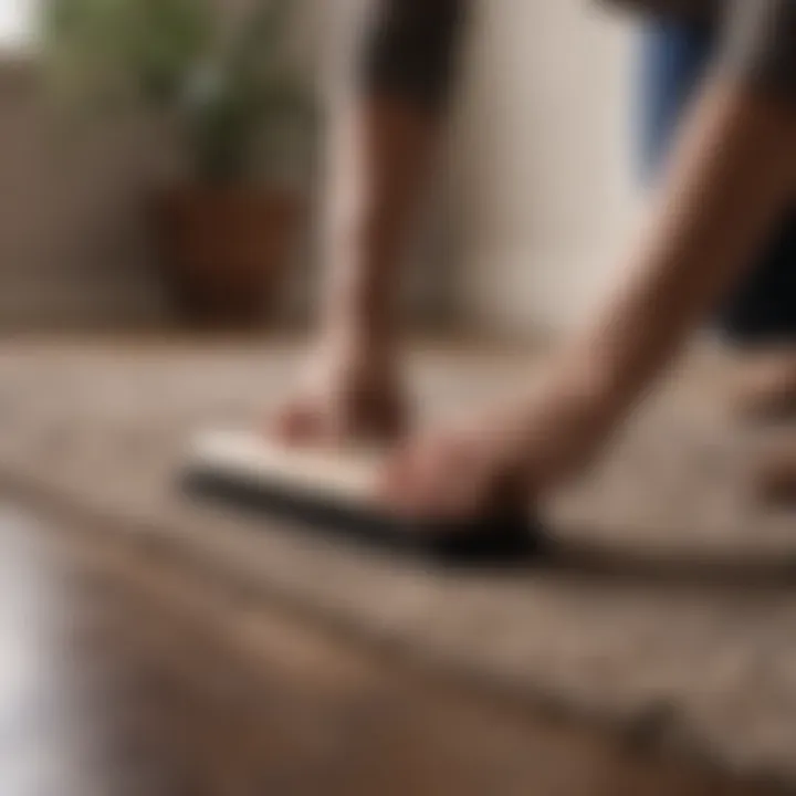A person gently brushing an area rug to remove dirt and debris.