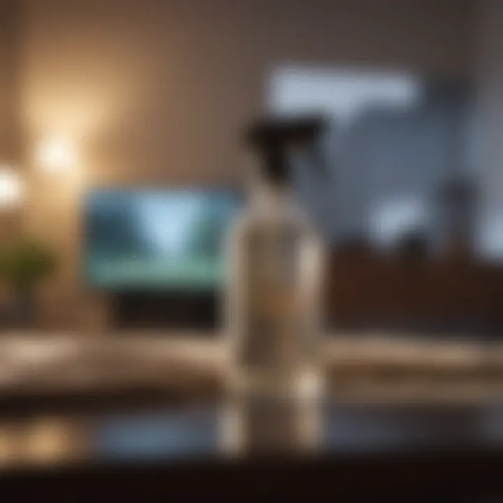 Natural cleaning solution in a spray bottle next to a TV