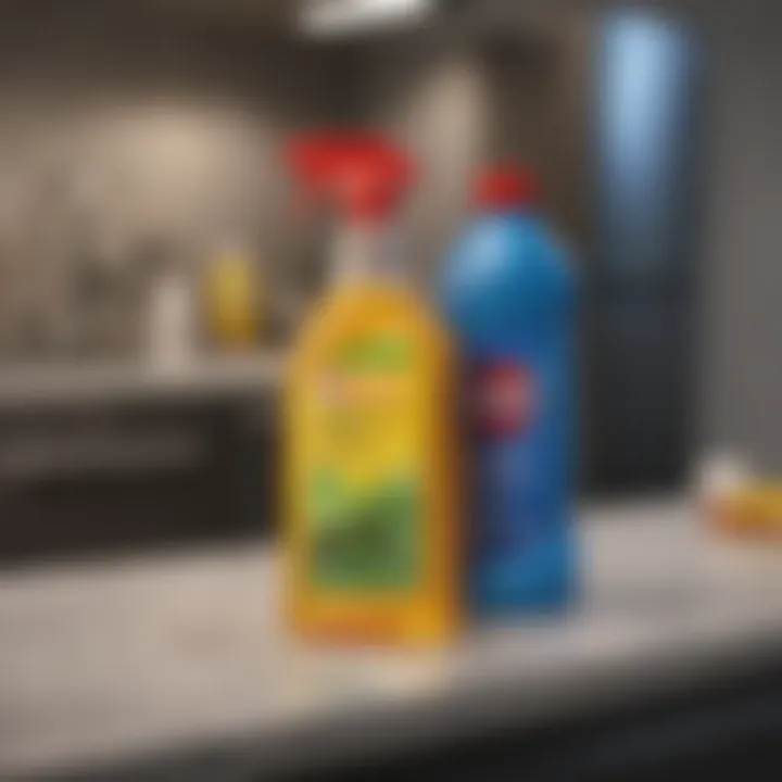 Commercial cleaning products arranged neatly on a kitchen counter