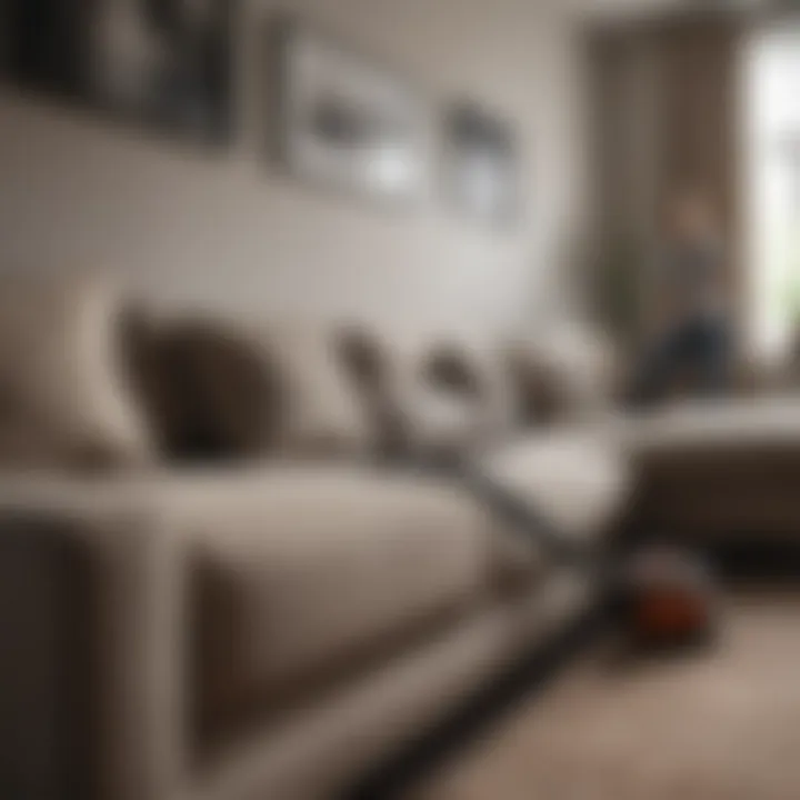 Person using a vacuum cleaner on a sofa