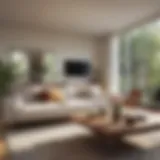A clean and organized living room showcasing minimalistic decor and natural light.