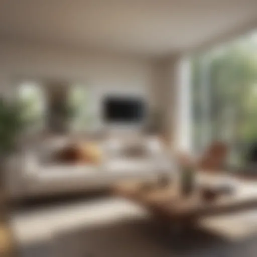 A clean and organized living room showcasing minimalistic decor and natural light.