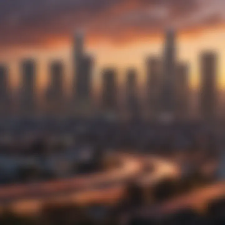 Scenic view of Los Angeles skyline at sunset