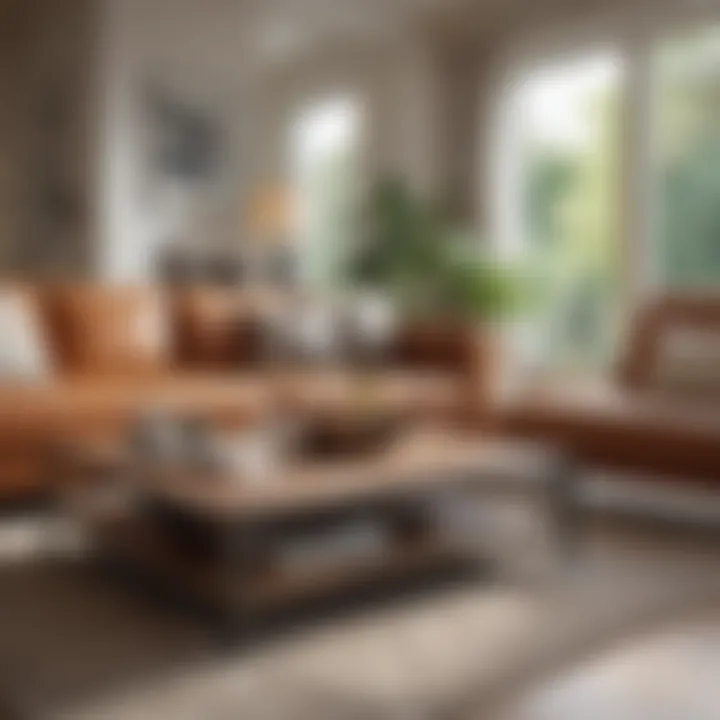 An immaculate living room showcasing a polished coffee table and tidy cushions.