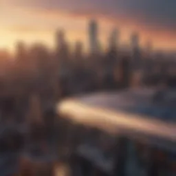 A stunning skyline view of a bustling metropolitan city at sunset.