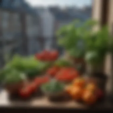 A collection of pots with various vegetables on a balcony