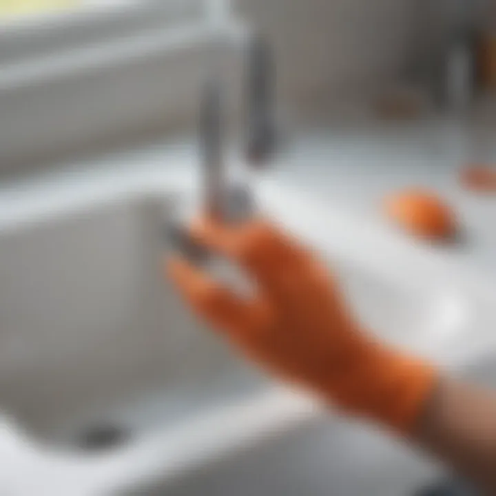 A close-up view of a sink trap being cleaned