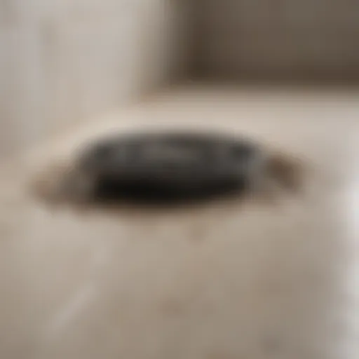 Close-up of a blocked shower drain with visible hair and debris