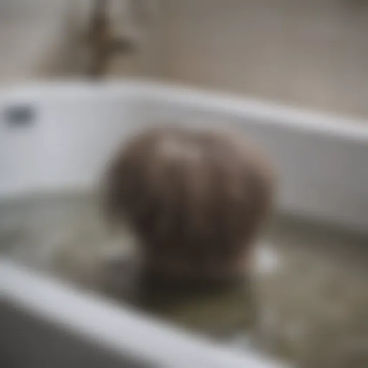 A close-up of hair clogging a bathtub drain