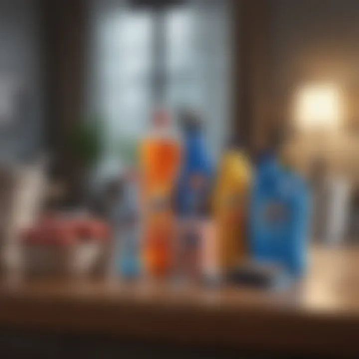 A variety of household cleaning items arranged on a table
