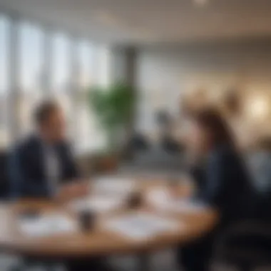 Engaging in Dialogue with Property Management A tenant discussing terms with a property manager in an office setting
