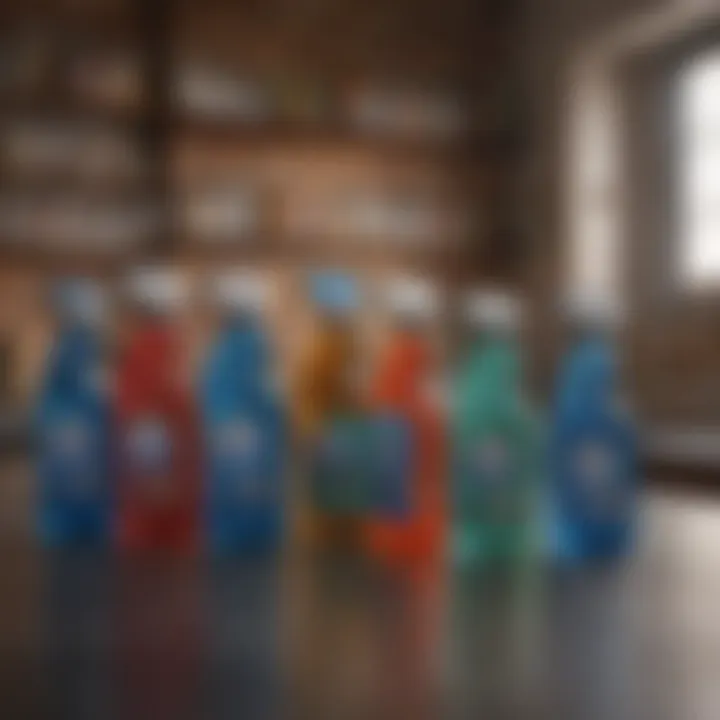 A vibrant array of general cleaning agents in colorful bottles
