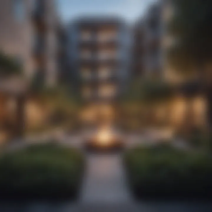 Community spaces around apartment complexes encouraging social interactions.
