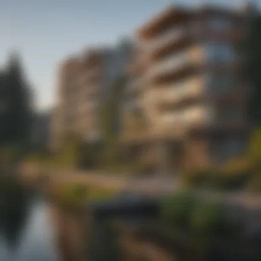 A panoramic view of Eastlake waterfront with apartments lining the shore.