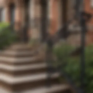 Detail of brownstone stairs and wrought iron railing