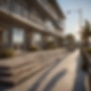 Outdoor amenities of a boardwalk apartment complex