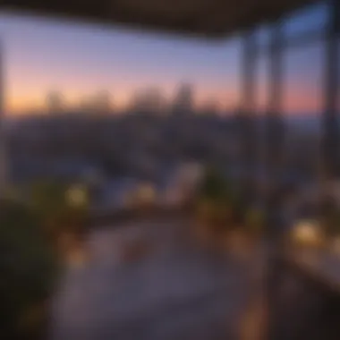 View of a loft condo balcony overlooking the city skyline