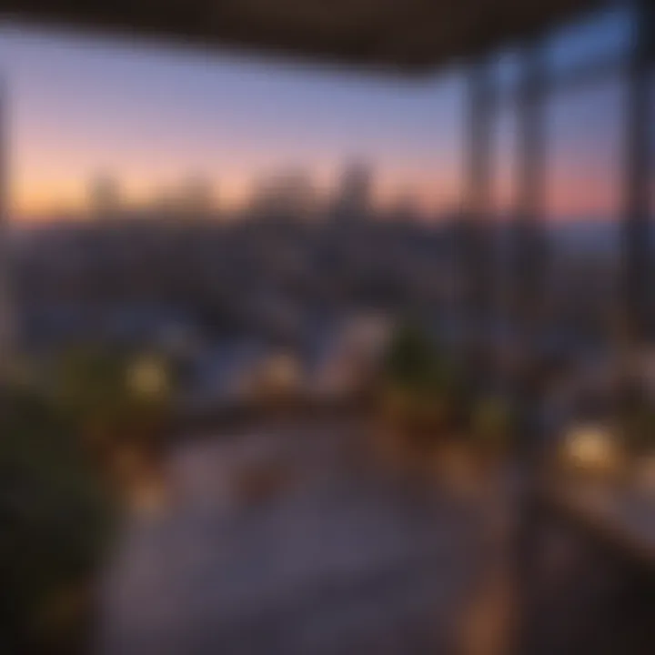 View of a loft condo balcony overlooking the city skyline