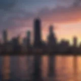 Scenic view of Chicago skyline at sunset