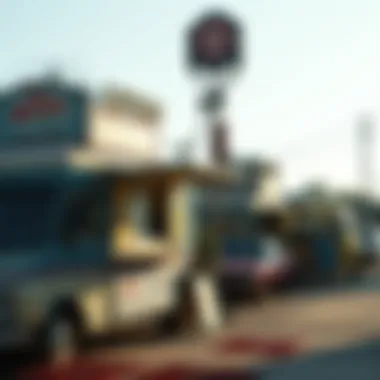 Bustling food truck scene in an eclectic Austin neighborhood.