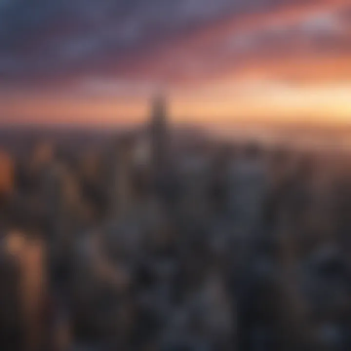 The iconic skyline of New York City at sunset, showcasing its architectural marvels.