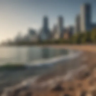 The picturesque waterfront of Lake Michigan with city skyline in the background.