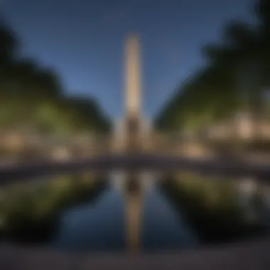 A panoramic view of the Navy Memorial featuring the iconic granite fountain and bronze sculptures.