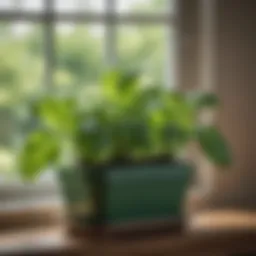 Vibrant green basil plants in a decorative pot on a windowsill