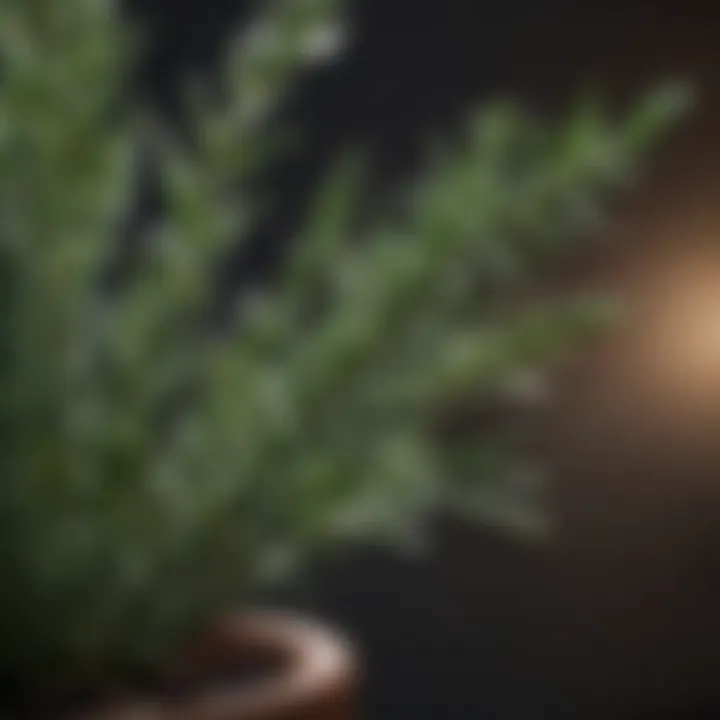 Close-up of rosemary with dew drops in a garden pot