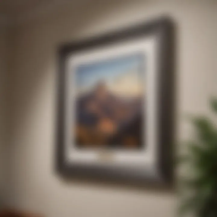 A close-up view of a picture frame being hung with precision using a level.