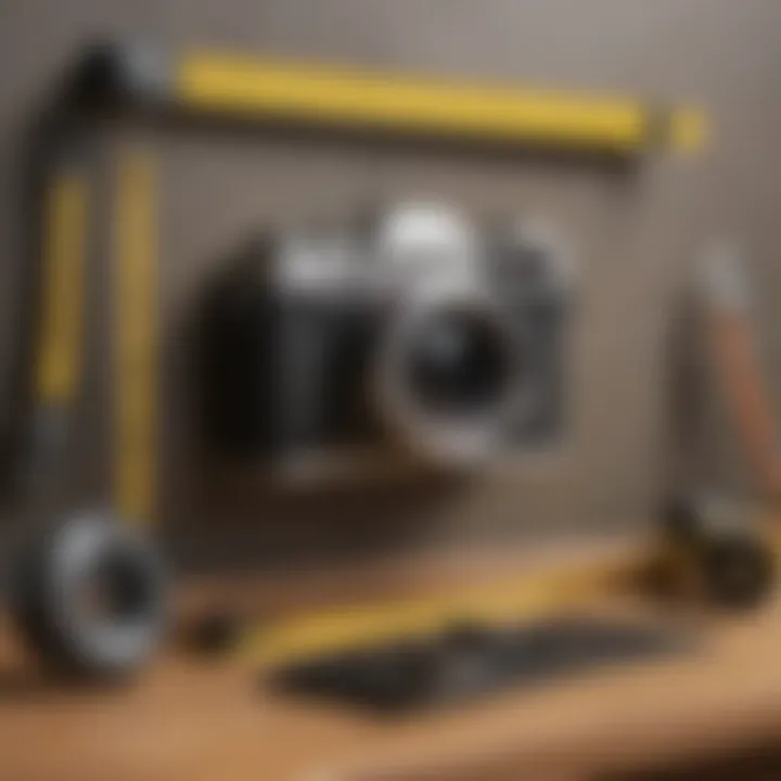 Essential tools required for hanging pictures such as a level, tape measure, and hammer.