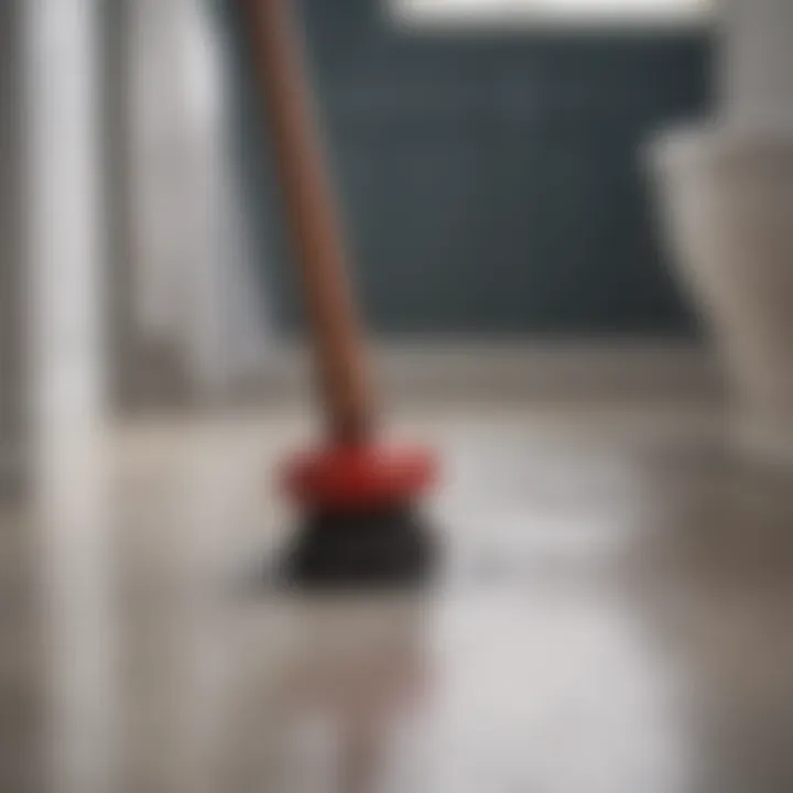 A plunger ready for action on a bathroom floor