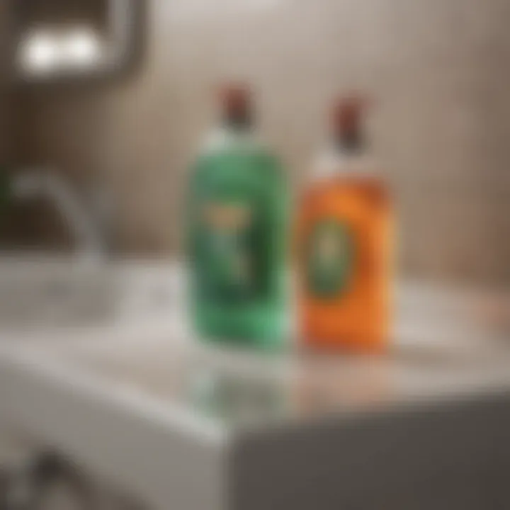 A bottle of dish soap placed on the bathroom counter