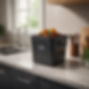 A compact compost bin placed on a kitchen countertop