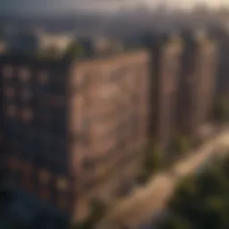 Aerial view of urban apartment buildings highlighting location