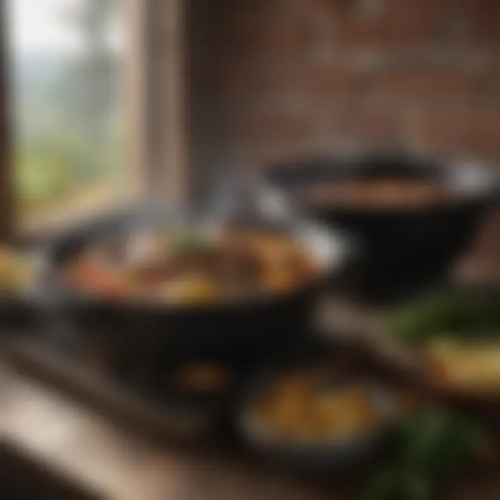 A cast iron Dutch oven nestled beside fresh ingredients, highlighting its culinary versatility.