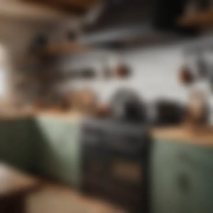 An organized kitchen shelf featuring a cast iron Dutch oven among other cookware.