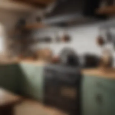 Well-Organized Kitchen with Dutch Oven An organized kitchen shelf featuring a cast iron Dutch oven among other cookware.
