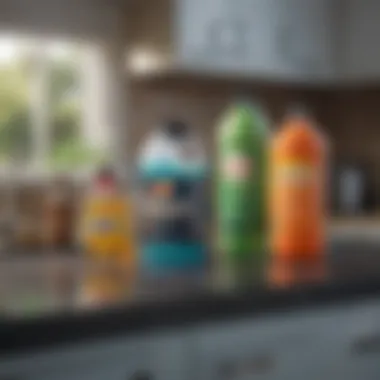 Cleaning products arranged on a kitchen counter