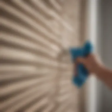 A person using a microfiber cloth to wipe down a set of window blinds