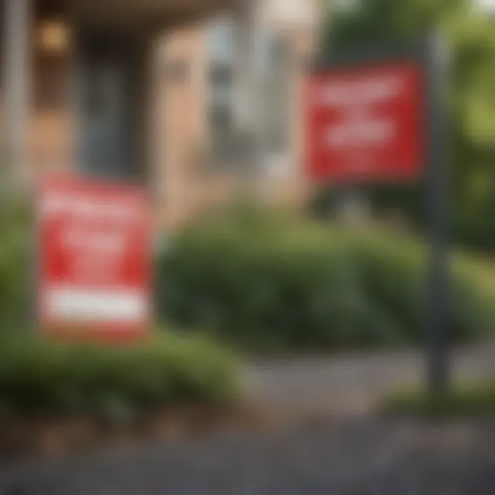 A close-up of a 'For Rent' sign in front of a well-maintained property