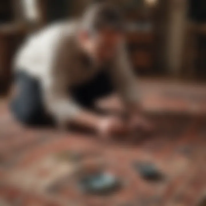 An artisan examining a small rug with a magnifying glass to assess its condition