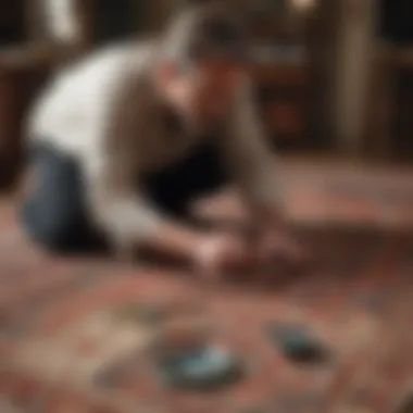 Artisan Assessing Rug Condition An artisan examining a small rug with a magnifying glass to assess its condition