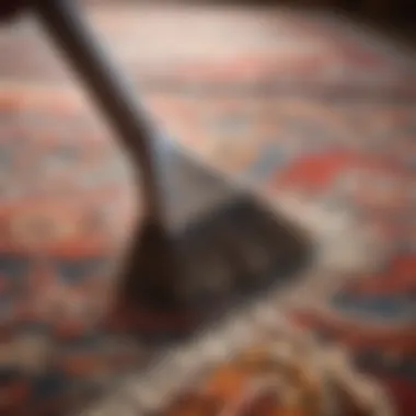 Close-up of a small rug being cleaned with a gentle brush and special solution